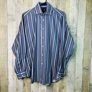 Tailorbyrd Large Blue & Cream Button Front Long Sleeve Striped Dress Shirt